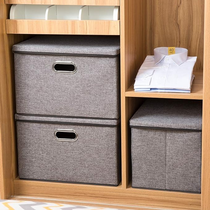 PRANDOM Large Collapsible Storage Bins with Lids [3-Pack] Linen/Cotton Blend Foldable Storage Boxes Organizer Containers Baskets Cube with Cover for Home Bedroom Closet Office Nursery(17.7x11.8x11.8)