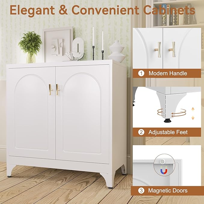 Buffet Cabinet with Storage, 33" H Side Board Storage Cabinet with Doors and Shelves, Metal Sideboard Cabinets for Dining Room, Living Room, White