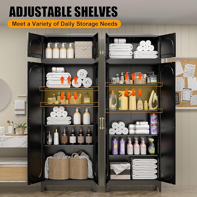 Metal Storage Cabinet with Doors and Shelves, 90" Tall Kitchen Pantry Storage Cabinets, Balck Pantry Closet, Steel Large Cupboard, High Leveling Feet- Assembly Required
