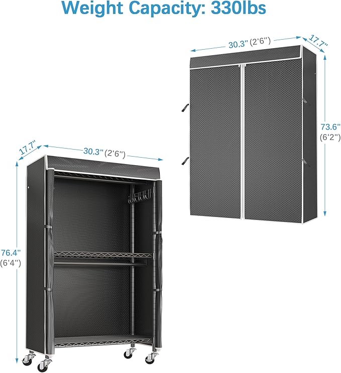 VIPEK R2C Medium Heavy Duty Clothes Rack Rolling Garment Rack with Cover Adjustable Clothing Rack for Hanging Clothes Portable Closets with Double Rods, Black Rack with Black Upgraded Polyester Cover