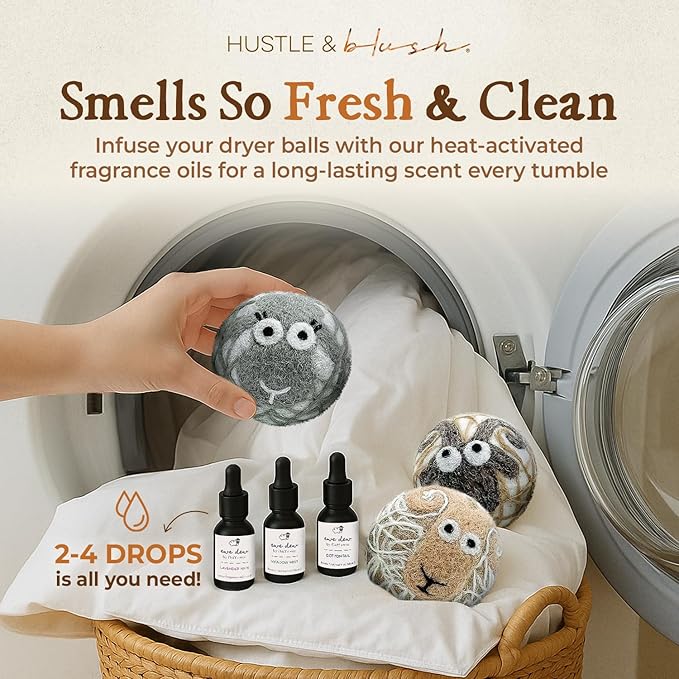 Hustle & Blush Fluff Ewes Wool Dryer Balls 3 Pack - Extra Large Lights Premium Hand Needled New Zealand Laundry Set, Reduces Drying Time, Static Control, Chemical Free Reusable for Essential Oils