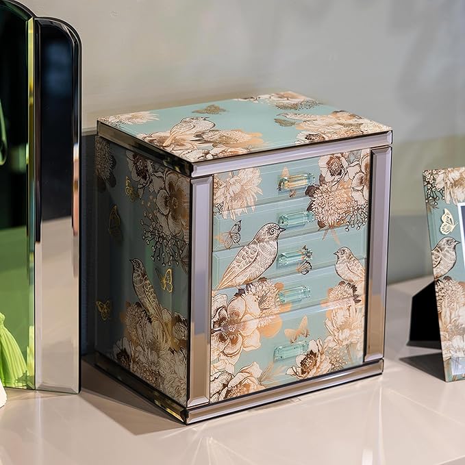 High End Glass Jewelry Box - 5 Layer Jewelry Organizer with 2-Sided Doors and Mirror - Velvet-Lined Organizer For Ring, Necklace, Earring, Bracelet Storage -Valentine's Day Gift For Women