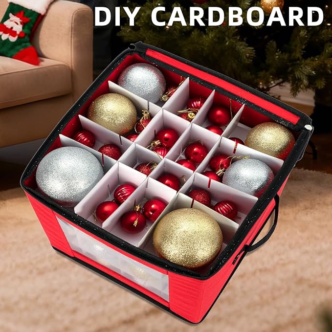 Christmas Visible Ornament Storage Box with Adjustable Dividers,Christmas Ornaments Organizer with Zipper, Storage Container Bin for Decorations(64 Ball, Red, without Tray)