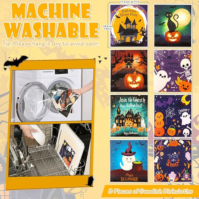 Lucomb 8 Pack Halloween Swedish Dishcloths Reusable, Kitchen Sponges Soft Absorbent Dish Towels Swedish Dish Cloths Washable Decorative for Kitchen Washing Dishes Bathroom Office Hand Towel Cleaning