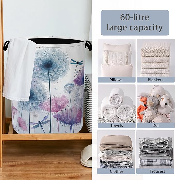 Dandelion Dragonfly Laundry Hamper,Dirty Clothes Laundry Basket with Handles Waterproof Oxford Cloth Storage Basket for College Dorms Bathroom Bedroom 16" x 20.8"
