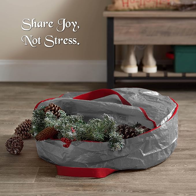 ZOBER Christmas Wreath Storage Container 36 Inch - Wreath Bag for Artificial Wreaths Box - Dual Zippered Wreaths Storage Bag with Strong Durable Handles - Gray