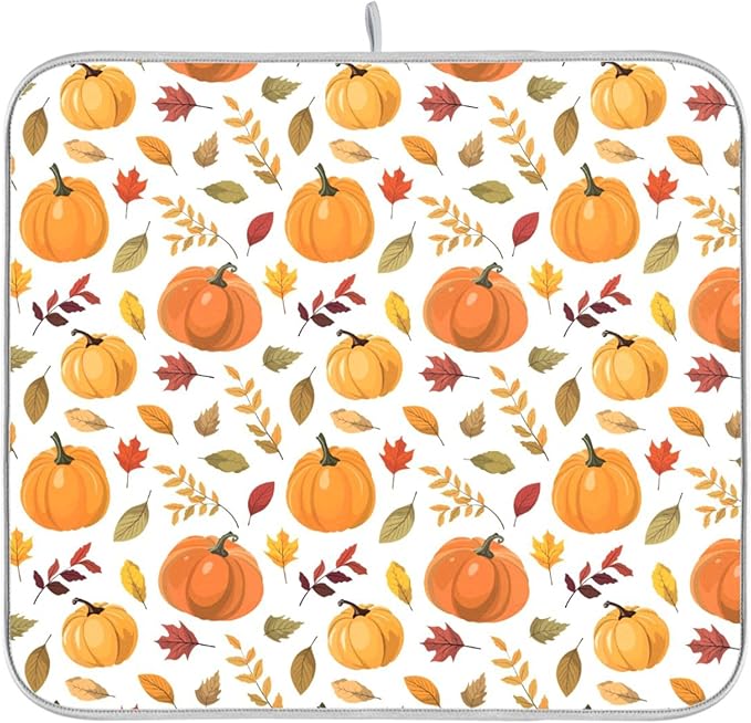 Fall Pumpkin Pattern Dish Drying Mat for Kitchen Countertop 16x18 Autumn Leaves Thanksgiving Day Small Drying Mat Reusable Quick Dry Dish Sink Mats Easy Clean Decorative Essentials