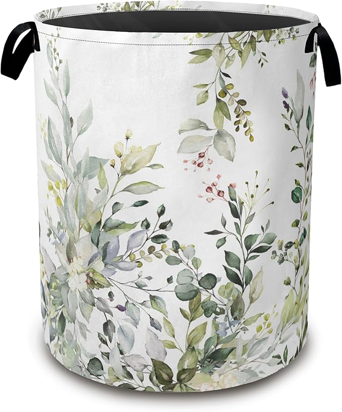 Laundry Basket,Sage Eucalyptus Collapsible Laundry Baskets, Green Leaves Waterproof Hamper with Handles for Bathroom Bedroom Nursery Home Storage16"x20"