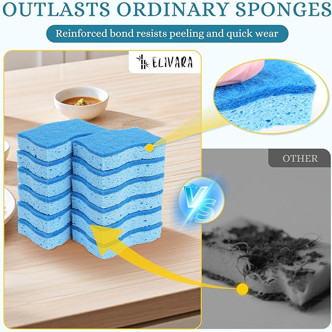 ELIVARA Kitchen Sponges – 12 Pack – Non-Scratch Dual-Sided Cellulose Scrub Sponges for Dishes, Pots, and Pans – Durable, Absorbent, and Reusable (Dark Blue/Light Blue)