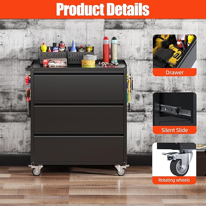 Aobabo Tool Storage Garage Cabinet with Wheels, 3 Drawer Tool Chest Rolling Metal Storage Cabinet on Wheels, Assembly Required, Black