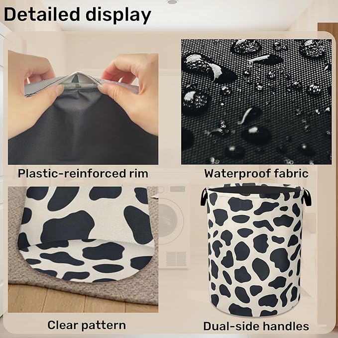 Cow Pattern Laundry Basket with Handles - Extra Large Foldable Hamper for Bathroom/Laundry/Bedroom/Dorm, Washable Fabric Storage Bin