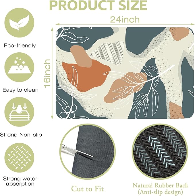 Abstract Flowers Leave Dish Drying Mat Creative Floral Kitchen Mat 16"x24" Bsorbent Coffee Maker Mat for Dishes Utensils Coffee Maker Pots and Pans Easy Clean Dish Slip Resistant Pad