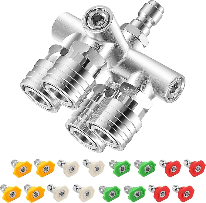EZALOR Quadruple Pressure Washer Tips, 4 in 1 Power Washer Nozzle, 4 Nozzle for Pressure Washing with 16PCS Power Washer Spray Nozzles (0, 15, 25, 40 Degree), 1/4 Inch Quick Connect, 5000 PSI