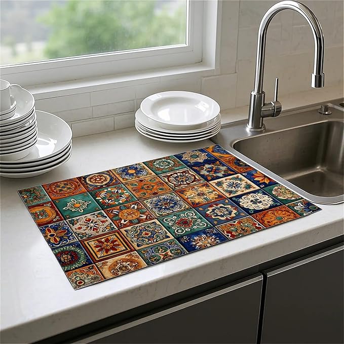 Dish Drying Mat For Kitchen Counter, Talavera Mexican Tiles Microfiber Absorbent Dish Drainer Rack Pad Reusable Large 18x24in Drying Mat