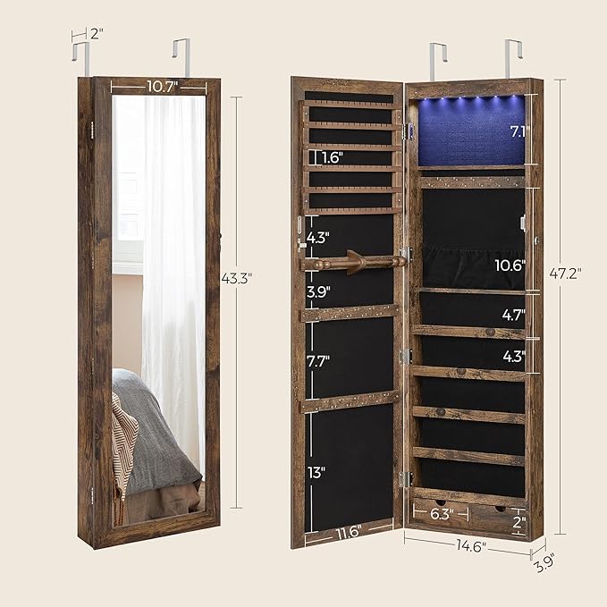 SONGMICS 6 LEDs Mirror Jewelry Cabinet, 47.2-Inch Tall Lockable Wall or Door Mounted Jewelry Armoire Organizer with Mirror, 2 Drawers, 3.9 x 14.6 x 47.2 Inches, Rustic Brown UJJC93CB