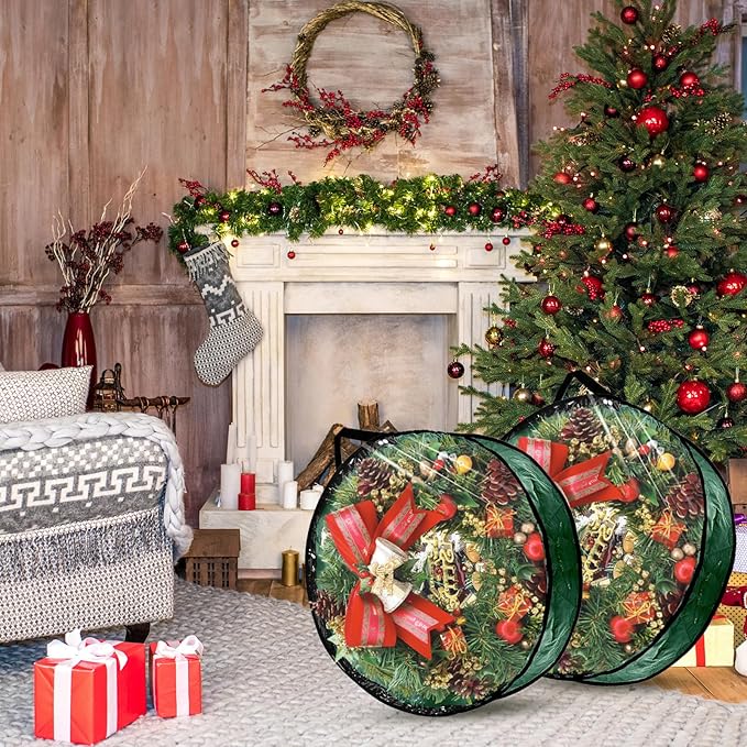 6 Pack Wreath Storage Container Bag, 24x8 Inch Christmas Wreath Storage Container Heavy Duty Christmas Wreath Boxes with Clear Window for Xmas Holiday Seasonal Wreath Garland (Green)