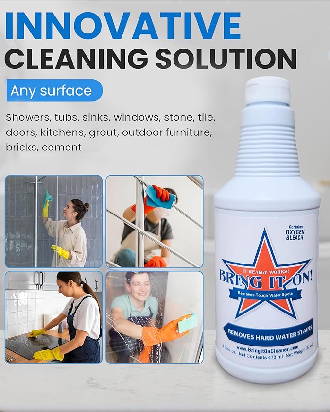 Bring It On Cleaner Hard Water Stain Remover for Glass, Soap Scum remover for Shower glass, Fiberglass, Windows, Tile and Grout Cleaner, Water Spot Remover for Glass Includes Scrubbing Drill Pads