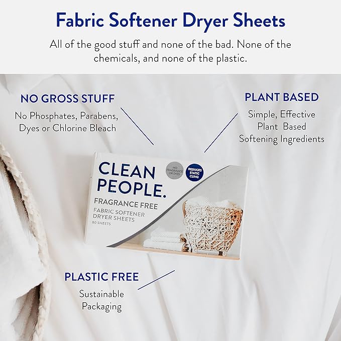The Clean People Fabric Softener Sheets - Dryer Sheets - Softens & Removes Static Cling - Vegan Laundry Softener, Fragrance Free - Unscented, 120 Pack
