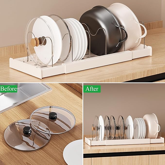 LICRUGU Pots and Pans Organizer Under Cabinet 7 Adjustable Dividers Expandable Pot Pan Lid Holder Organizers Rack inside Cabinet for Kitchen Storage Cookware, Cutting Boards, Lid, Dishes,White