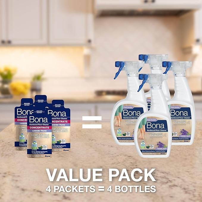 Bona Hardwood Floor Cleaner Concentrate, Lavender Thyme Scent, 1 fl oz, Pack of 4 (Makes 128 fl oz) - Residue-Free Floor Cleaning Concentrate Spray Mop and Spray Bottle Refill - For Wood Floors