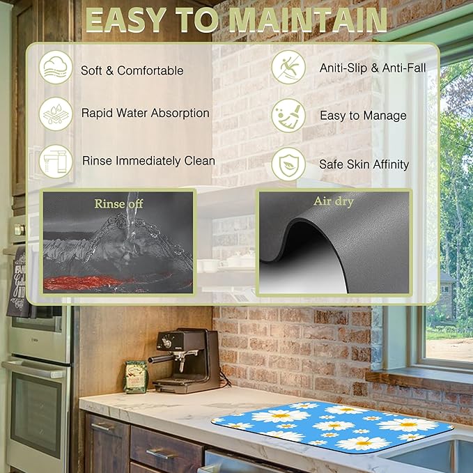 Kitchen Mat White Daisy Flowers Dish Drying Mat 16"x24" Bsorbent Coffee Maker Mat for Sink Dishes or Under Rack Kitchen Counter Accessories Absorbent Hide Stain Rubber Backed Dish Drying Pad
