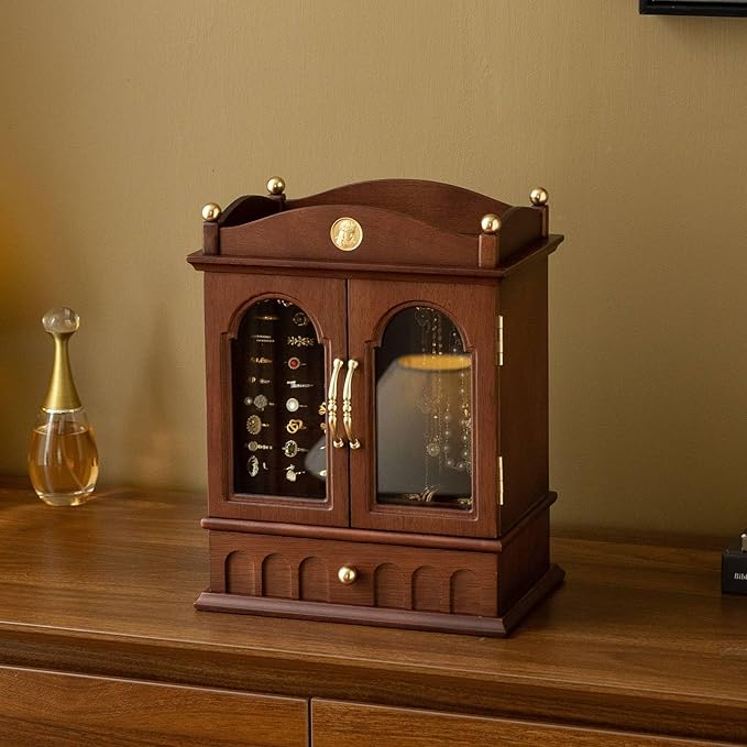 Kinsuite Black Walnut Jewelry Box, Solid Wood Display Cabinet with Rotating Hook & Glass Doors, Vintage Organizer for Rings, Necklaces, Watches Gift for Her