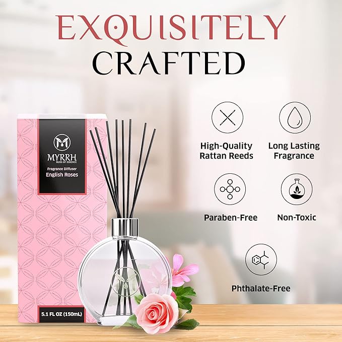 English Roses Scented Reed Diffuser Set with 8 Rattan Diffuser Sticks, 150 ml, All Natural Air Freshener, Long-Lasting Diffusers at Home - MyrrhUSA