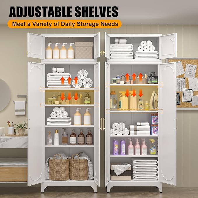 Metal Storage Cabinet with Doors, 90" Tall Kitchen Pantry Storage Cabinets with Adjustable Shelves, White Pantry Closet, Steel Large Cupboard, High Leveling Feet- Assembly Required
