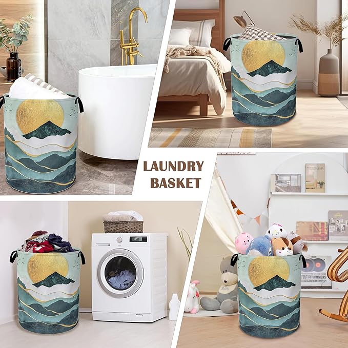 Green Mountains Collapsible Laundry Baskets,Golden Sunset Laundry Hamper,Storage Basket with Handles for Bathroom Bedroom College Dormitory Living Room Nursery Organizer 16"x20"