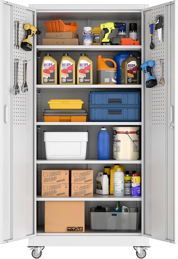Aobabo 71" H×32" W×16" D Garage Storage Cabinet with Wheels, Metal Storage Cabinet with 5 Adjustable Shelves and 4 Hooks for Home Office, Kitchen, White, Assembly Required