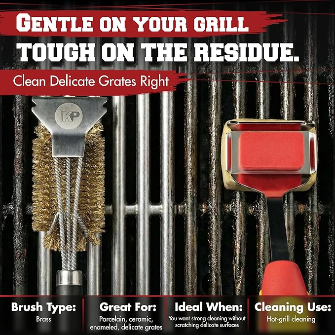 KITCHEN PERFECTION Brass GrillSaver - Safe BBQ Grill Brush with Replaceable Cleaning Head -Heavy-Duty Grill Cleaner w/Scraper for Porcelain & Ceramic Grates, Includes Magnetic Hanger & Bottle Opener