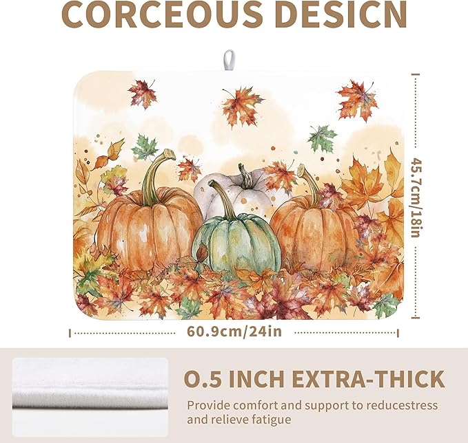 Fall Dish Drying Mat for Kitchen Counter 18×24 Inch Orange Pumpkin Drainer Pad Rustic Autumn Dish Rack Pad Drainer Mat Thanksgiving Absorbent Reversible Microfiber Dish Drying Pad for Coffee Bar