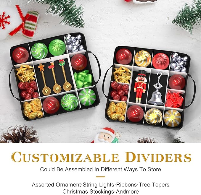 Christmas Ornament Storage Box With 8 Trays - Stores Up to 128 Holiday Ornaments, Christmas Storage Container with Side Pocket, Adjustable Dividers, Card Slot, Tear-Proof Fabric - Red