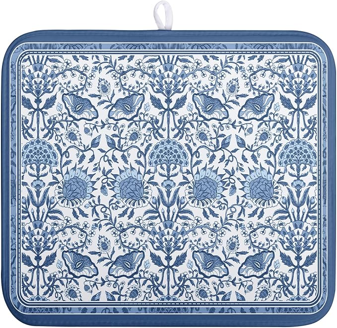 Blue Floral Dish Drying Mat for Kitchen Counter Boho Flowers Dishes Drainer Mats Rustic Farmhouse Microfiber Absorbent Dish Draining Spring Summer Reversible Dish Rack Pad 16x18 Inch