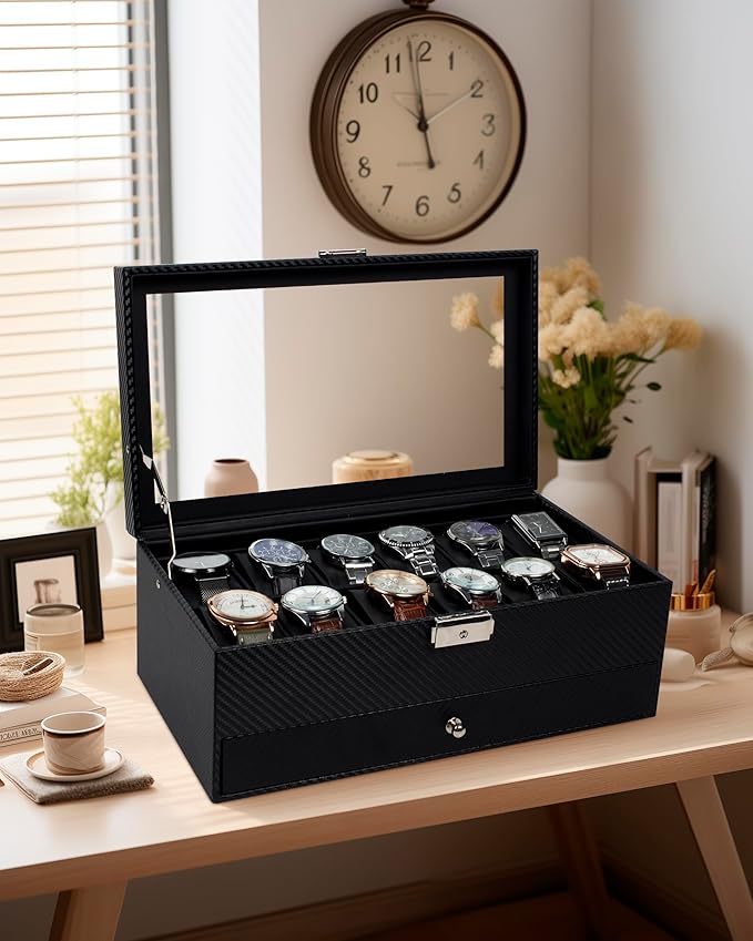 GUKA Watch Box, 12 Slot Watch Case, Watch Cases for men with Real Glass Lid, Synthetic Leather Watch Organizer storage with Jewelry Case, Birthday for Men and Women, Black, GK-012-BKCX