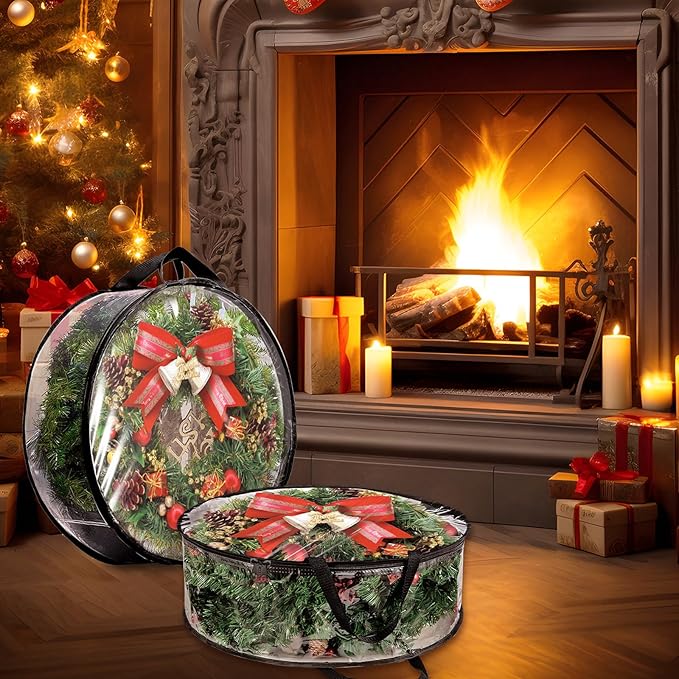 4 Pack Wreath Storage Container Bag 30 Inch Christmas Wreath Storage Bag Heavy Duty Christmas Wreath Boxes with Clear Window for Xmas Holiday Seasonal Wreath Garland (Black)