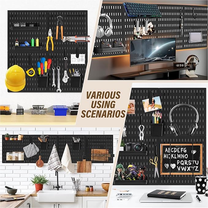 AKTOP Peg Board Wall Organizer 4-Pack – 12"x12" Black Pegboard Panels for Walls, Plastic Desk Wall Mount Tool Organization for Home, Office, Garage Tool Storage & Craft Room