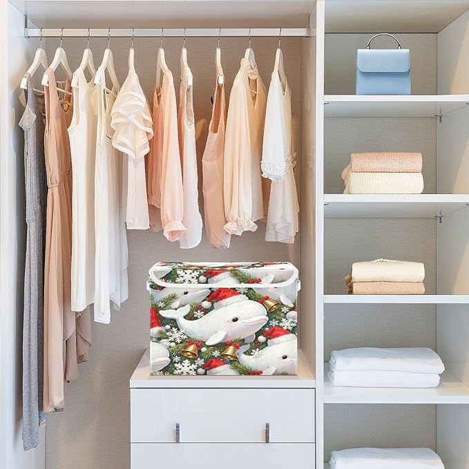 Christmas Dolphin Pattern Storage Bins with Lids Foldable Storage Basket with Handles Collapsible Large Fabric Organizer Containers for Clothes Shelves Closet Office Home