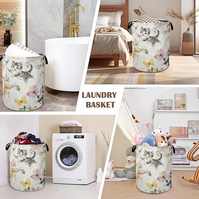 Cute Cats Laundry Hamper,Collapsible Laundry Baskets,Butterfly Floral Dirty Clothes Baskets with Handles,Oxford Cloth Hamper for Bedroom,Bathroom,College Dorms, 16"x20"