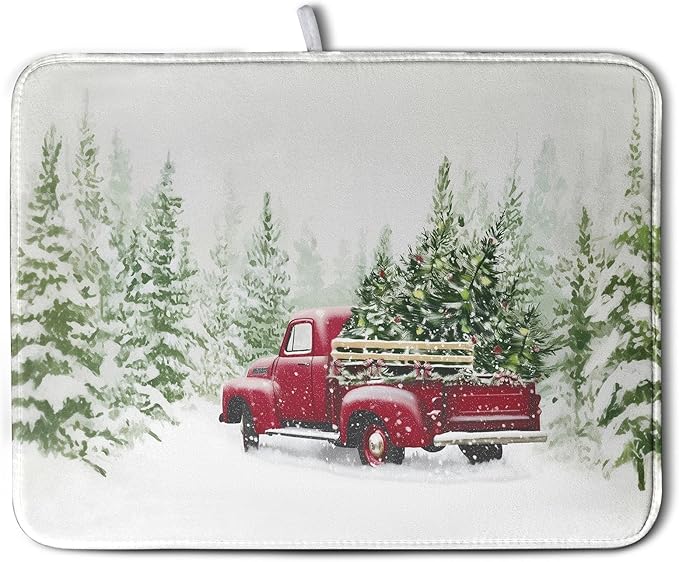 Wnoesat Christmas Dish Drying Mat Red Truck Xmas Tree Drying Mats for Kitchen Counter Winter Holiday Dishes Drainer Mats Absorbent Microfiber Dish Draining Pad Extra Large 18x24 Inch