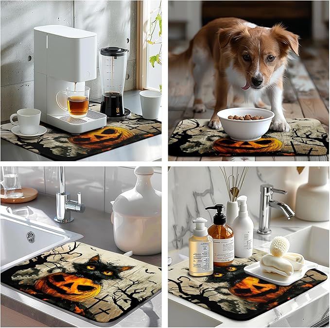 Wnoesat Black Cat Halloween Kitchen Dishes Drying Mat 16x18 Inch Halloween Fall Pumpkin Bat Dish Drying Mats for Kitchen Counter Absorbent Microfiber Dish Rack Mat Drainer Pad for Coffee Bar Sinks