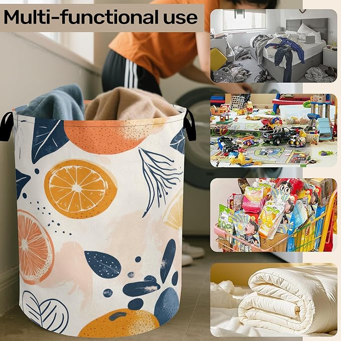 Summer Fruits Orange Laundry Basket with Handles - Extra Large Foldable Hamper for Bathroom/Laundry/Bedroom/Dorm, Washable Fabric Storage Bin