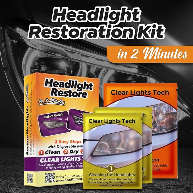 Clear Lights Tech, Headlight Restoration Kit - Headlight Cleaner 3-Wipe System, Restores Clarity, Removes Yellowing & Oxidation, Improves Nighttime Driving Safety, Long Lasting UV Protection.