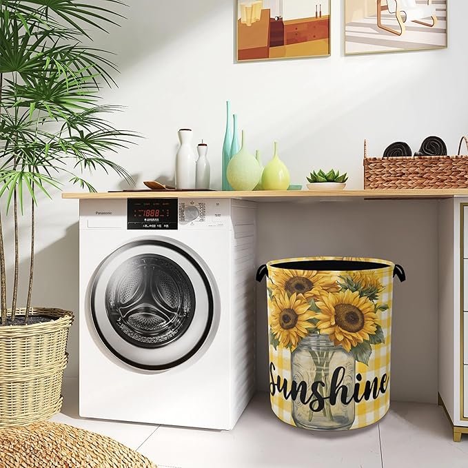 Retro Sunflowers Laundry Hamper,Sunshine Dirty Clothes Laundry Basket with Handles Waterproof Oxford Cloth Storage Basket for College Dorms Bathroom Bedroom 16" x 20.8"