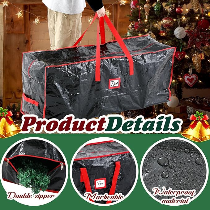 Amylove 4 Pcs Large Christmas Tree Storage Bags Heavy Duty Xmas Zippered Bags Bulk Waterproof Plastic Christmas Tree Container with Carry Handles(7.5 ft,Black)