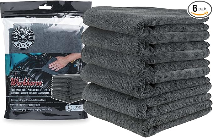 Chemical Guys MIC35306 Workhorse Professional Grade Microfiber Towel, Black (16 in. x 16 in.) (Pack of 6)