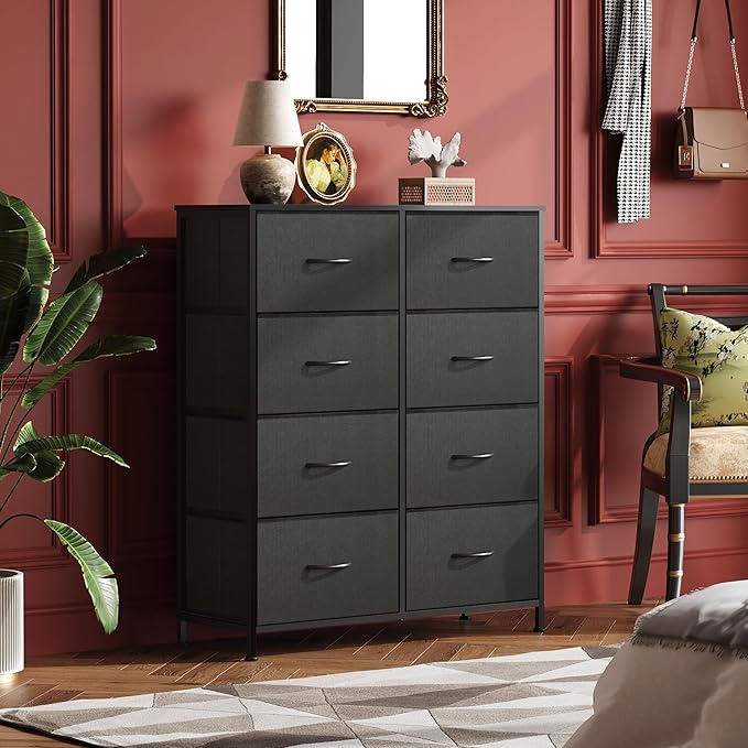 WLIVE Fabric Dresser for Bedroom, Tall Dresser with 8 Drawers, Storage Tower with Fabric Bins, Double Dressers, Chest of Drawers for Closet, Living Room, Hallway, Charcoal Black