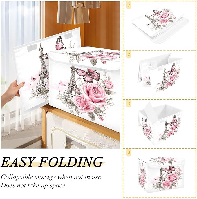 Bolaz Bow Flower Eiffel Tower Storage Bins with Lids and Handles, Foldable Storage Box Storage Basket with Cover Collapsible Organizer Containers for Home Closet, Shelves