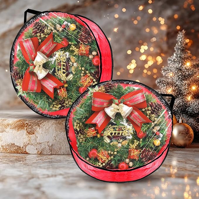 6 Pack Wreath Storage Container Bag 30 Inch Christmas Wreath Storage Bag Heavy Duty Christmas Wreath Boxes with Clear Window for Xmas Holiday Seasonal Wreath Garland(Red)