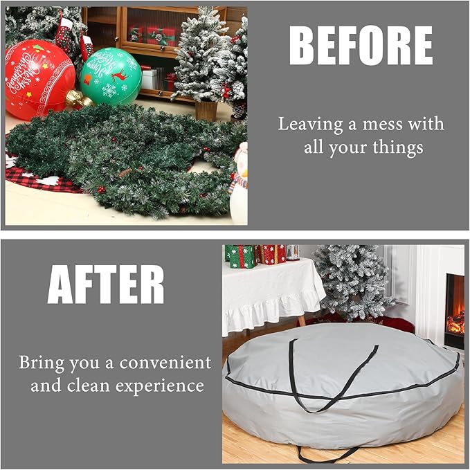 1 Pc 60" Christmas Wreath Storage Bag Zippered Garland Holiday Container with Reinforced Handle Tear Resistant 600d Oxford Organizer Wreath Holder with Card (Gray)